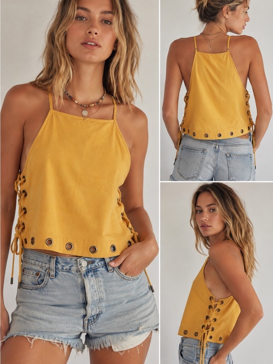 Free People Tops - Free People Yellow Lace-Up Grommet Tank Top Boho Festival Cami